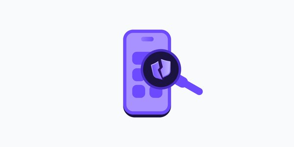 a purple animated smartphone screen with a purple magnifying glass overlaying the right middle side. The magnifying glass has a black lens containing a broken purple shield icon