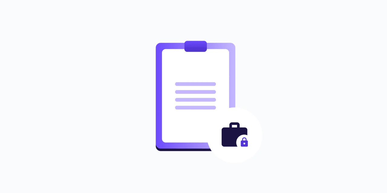 an animated clipboard with a purple border and white background. there are four purple lines in the middle imitating text and there's a small black briefcase with a purple lock icon on it in the bottom of the screen