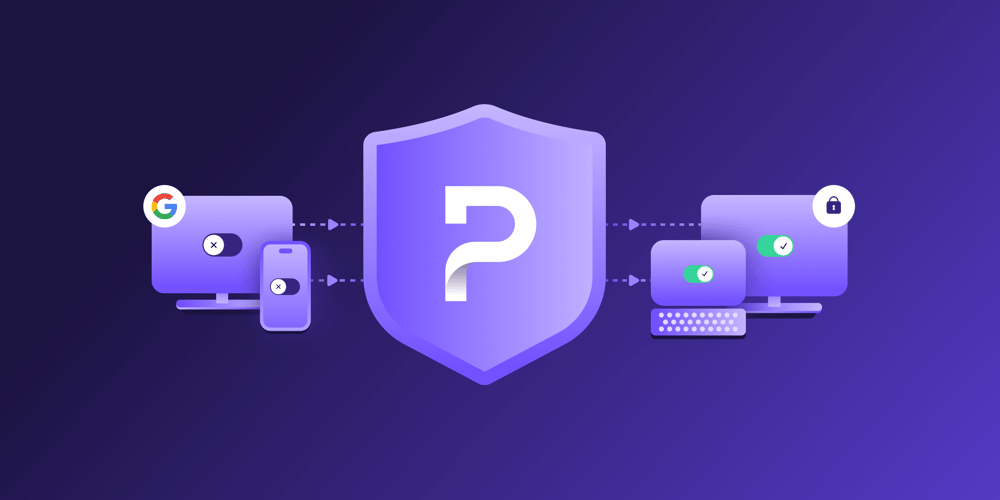 A purple shield icon containing a white Proton logo, with a purple computer screen to the left connected by white arrows, and a computer screen and laptop screen to the right containing green ticks also connected by white arrows
