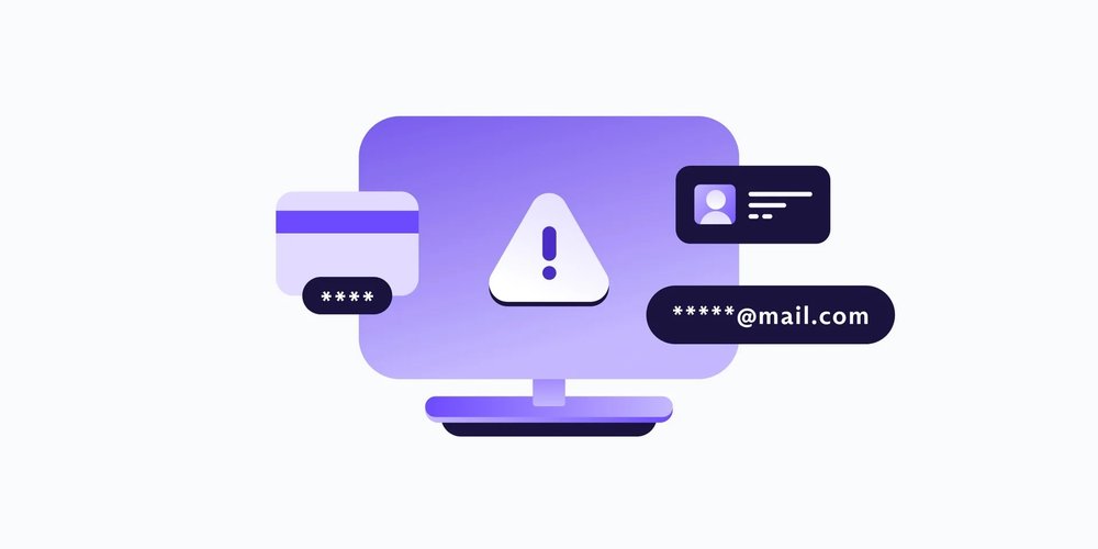 a purple animated desktop monitor containing a white triangle icon with a black exclamation mark in the middle. a credit card sits on the middle left side with a black text icon, and an ID icon and a password field sit on the middle right side