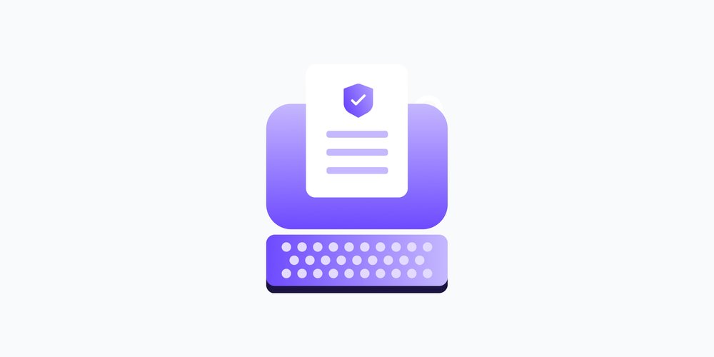 a purple animated computer monitor and keyboard. the monitor contains a white document with a purple shield icon and a white exclamation mark on it