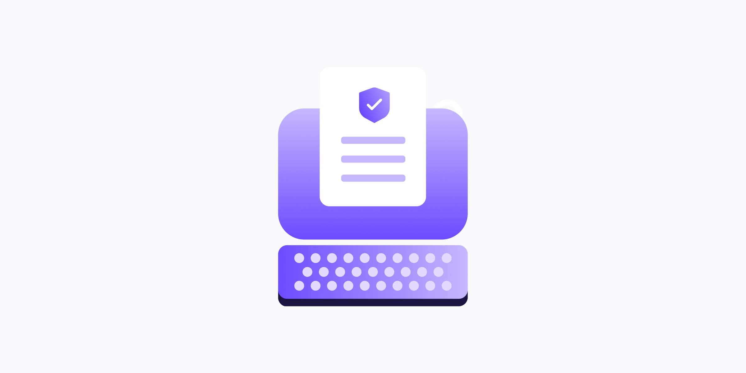 a purple animated computer monitor and keyboard. the monitor contains a white document with a purple shield icon and a white exclamation mark on it