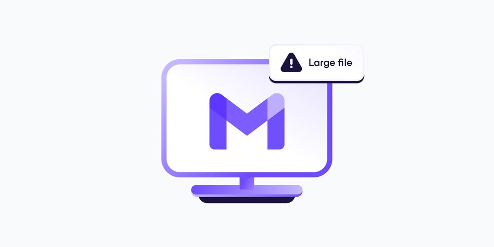 Illustration of a desktop monitor displaying the Gmail logo with a "Large file" warning notification — representing Gmail's attachment size limit.