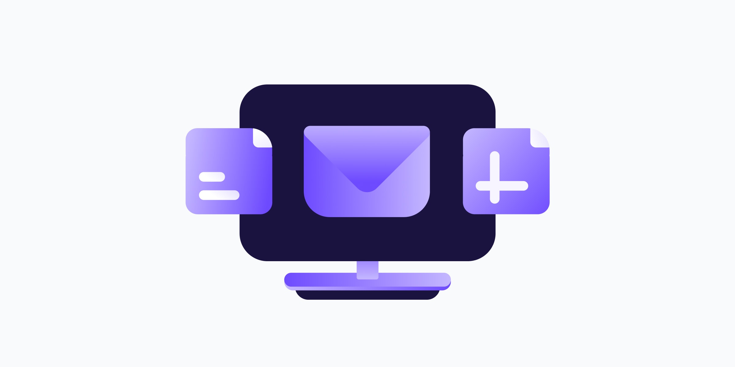 Illustration of a desktop monitor displaying an email envelope, flanked by a document and a spreadsheet icon — representing an office suite with email, word processing, and file management tools.