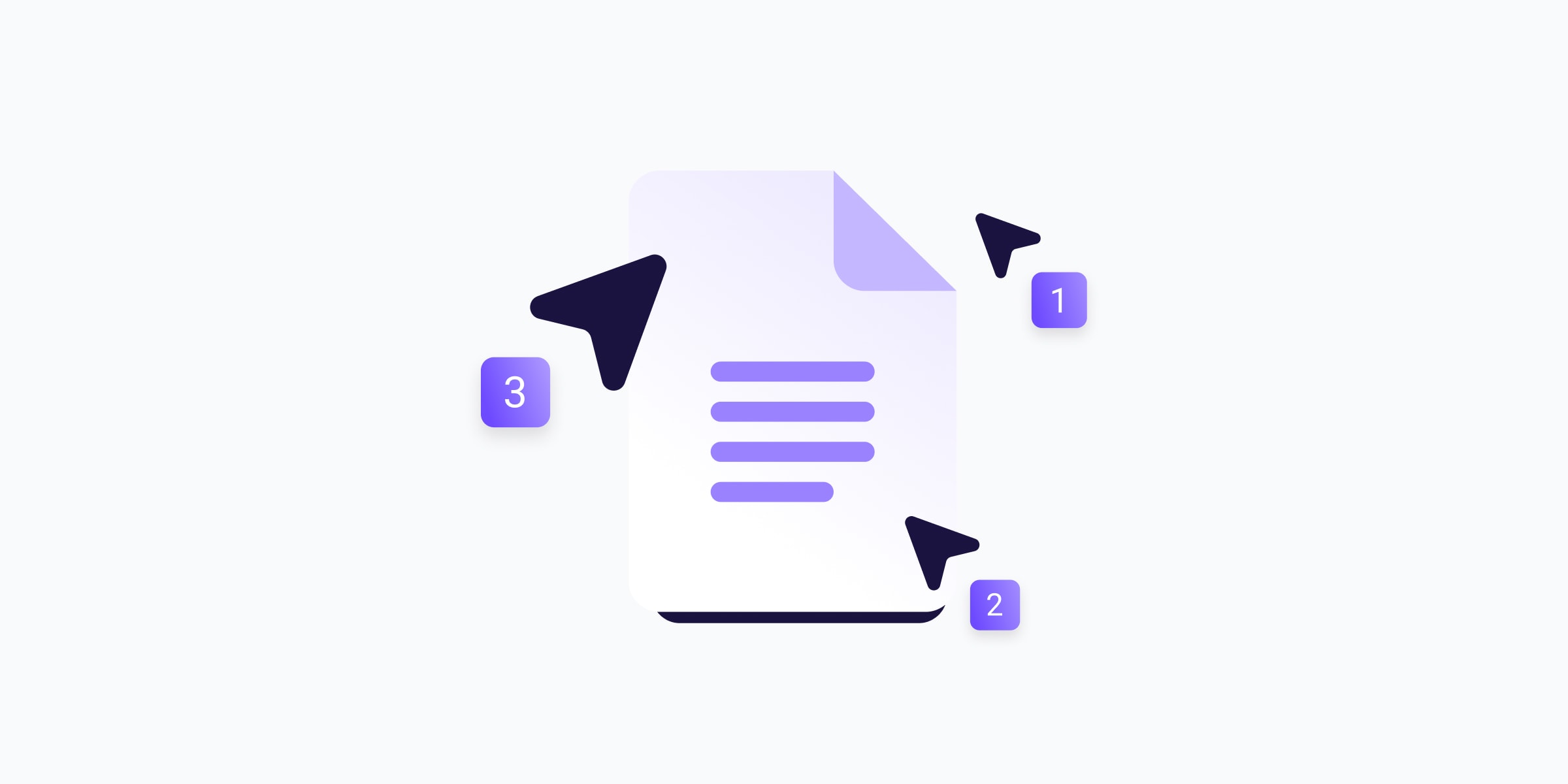 Illustration of a document surrounded by three numbered cursors — representing multiple users collaborating on a shared document simultaneously.