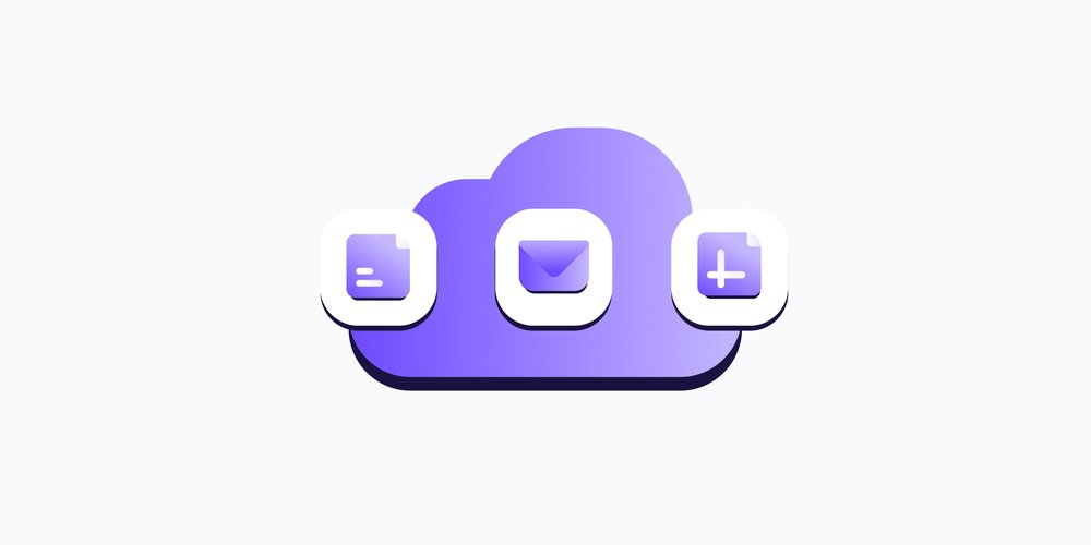 Illustration of a cloud containing icons for a document, email, and spreadsheet — representing the core tools of a cloud workspace.
