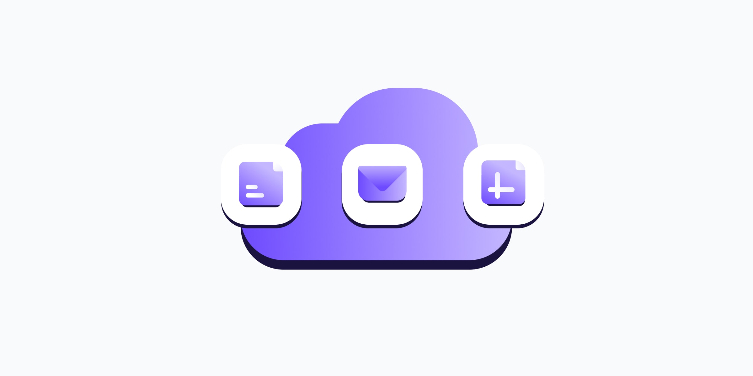 Illustration of a cloud containing icons for a document, email, and spreadsheet — representing the core tools of a cloud workspace.