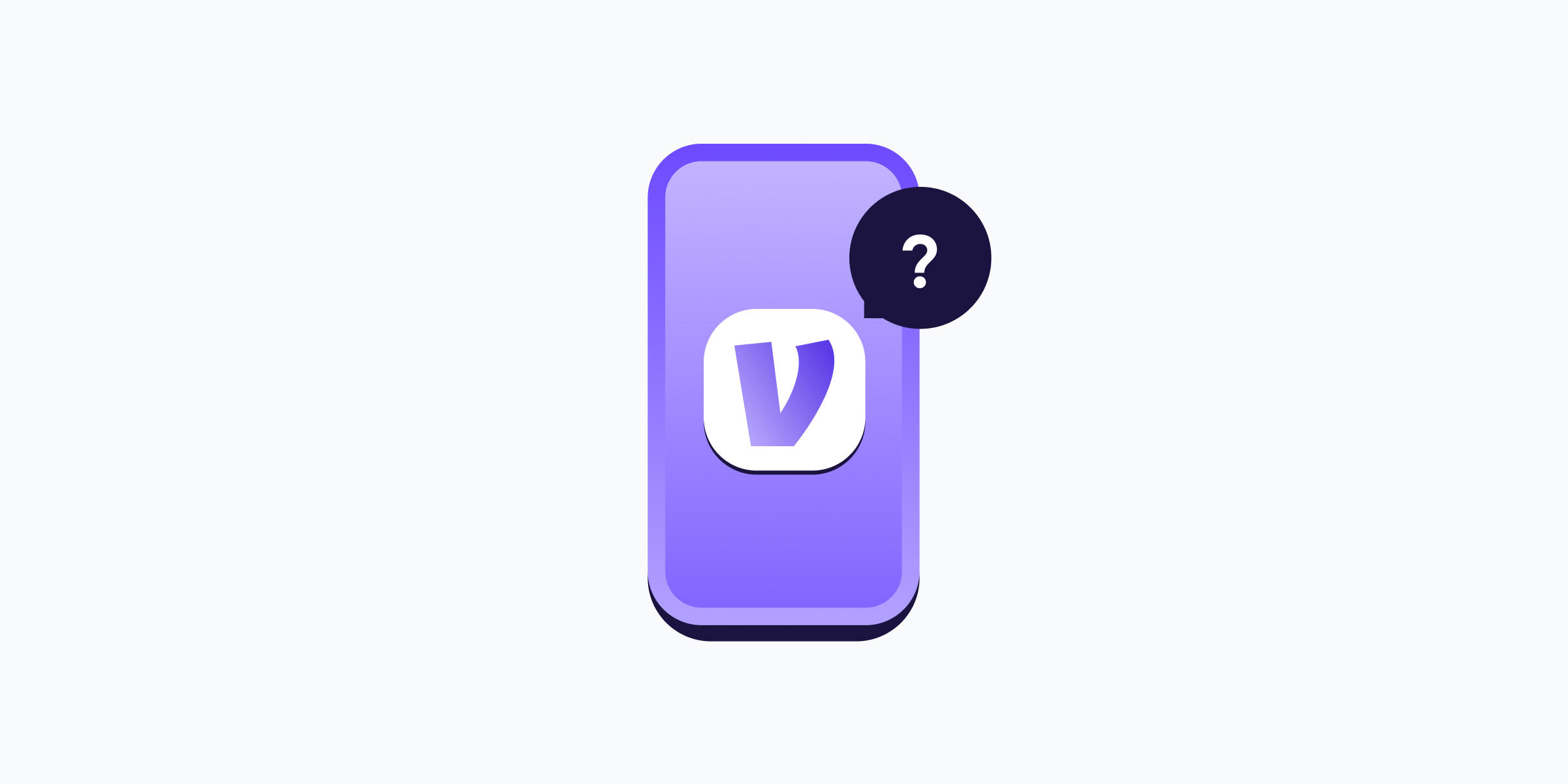 a purple animated smartphone screen containing a white Venmo logo. a black speech bubble hovers over the top right of the screen containing a white exclamation mark