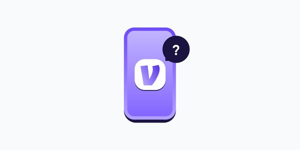 a purple animated smartphone screen containing a white Venmo logo. a black speech bubble hovers over the top right of the screen containing a white exclamation mark