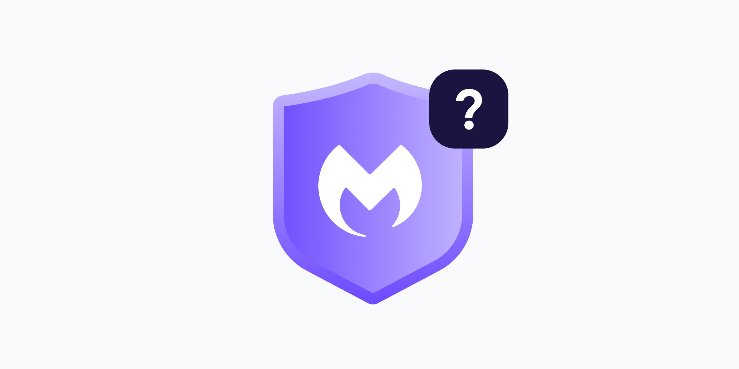 a purple animated shield containing a white Malwarebytes logo. a black square containing a white question mark sits in the top right corner of the shield.