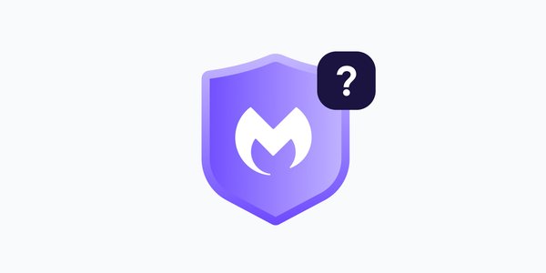 a purple animated shield containing a white Malwarebytes logo. a black square containing a white question mark sits in the top right corner of the shield.