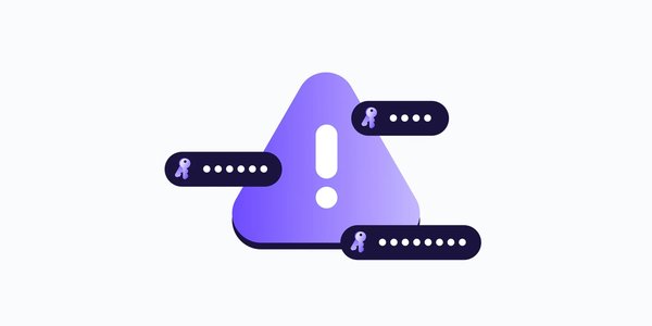 a purple animated triangle containing a white exclamation mark. three black bars overlay the middle left, top right, and bottom right of the triangle. each contains a purple key icon and white dots