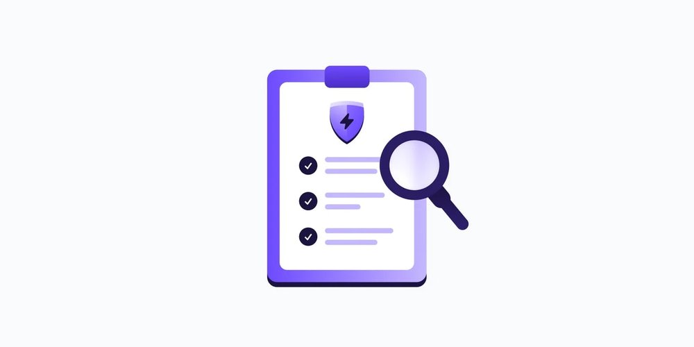 an animated clipboard with a purple outline and a white background. a purple shield icon containing a black lightning bolt is at the top of the clipboard page, with three black bullet points containing ticks and lines imitating text below. a black magnifying lens sits over the middle right side of the clipboard