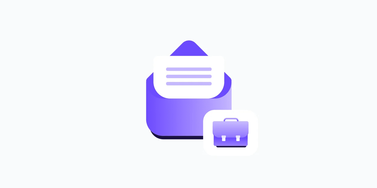 a purple animated open envelope with a white document showing lines of text inside. a purple briefcase icon sits in the bottom right side