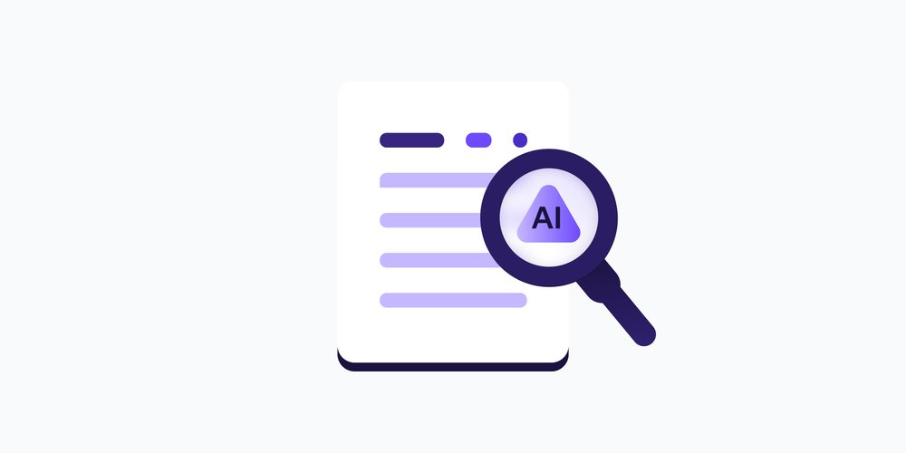 Illustration of a document with a magnifying glass hovering over it, revealing a purple AI triangle icon — representing AI content detection.