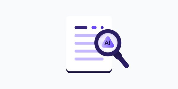 Illustration of a document with a magnifying glass hovering over it, revealing a purple AI triangle icon — representing AI content detection.