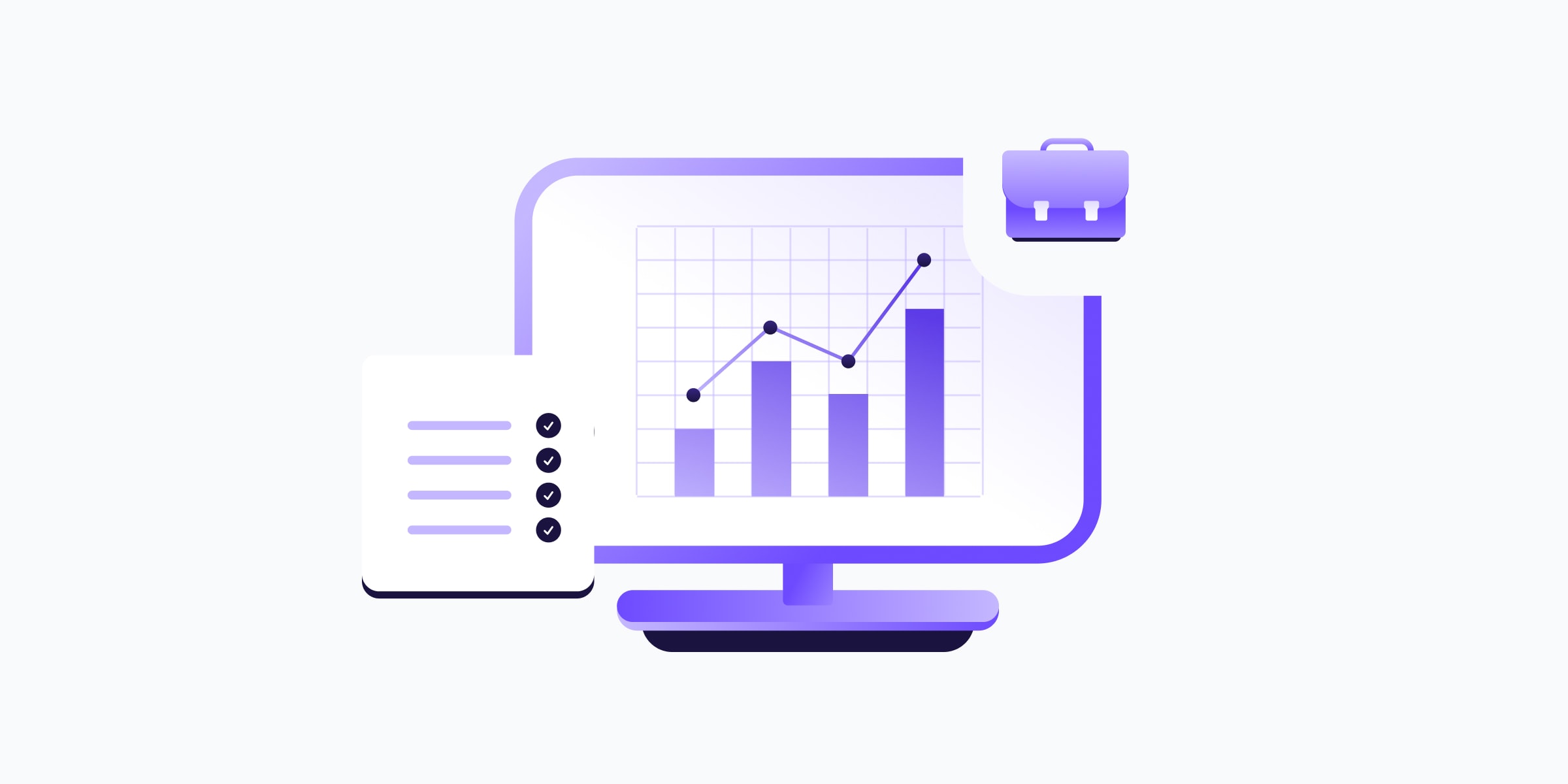 Illustration of a computer monitor displaying a bar chart with an upward trend, alongside a checklist and briefcase icon, representing business resilience.