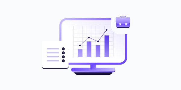 Illustration of a computer monitor displaying a bar chart with an upward trend, alongside a checklist and briefcase icon, representing business resilience.