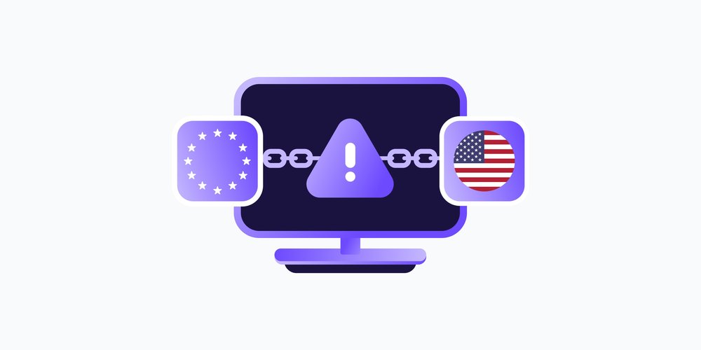 左側のEU旗アイコンと右側の米国旗アイコンに切れたチェーンのリンクで接続された、警告の三角形を表示するコンピューターのモニターのイラスト。欧州の企業と米国のテックプロバイダーとの間の断絶された接続を象徴しています。