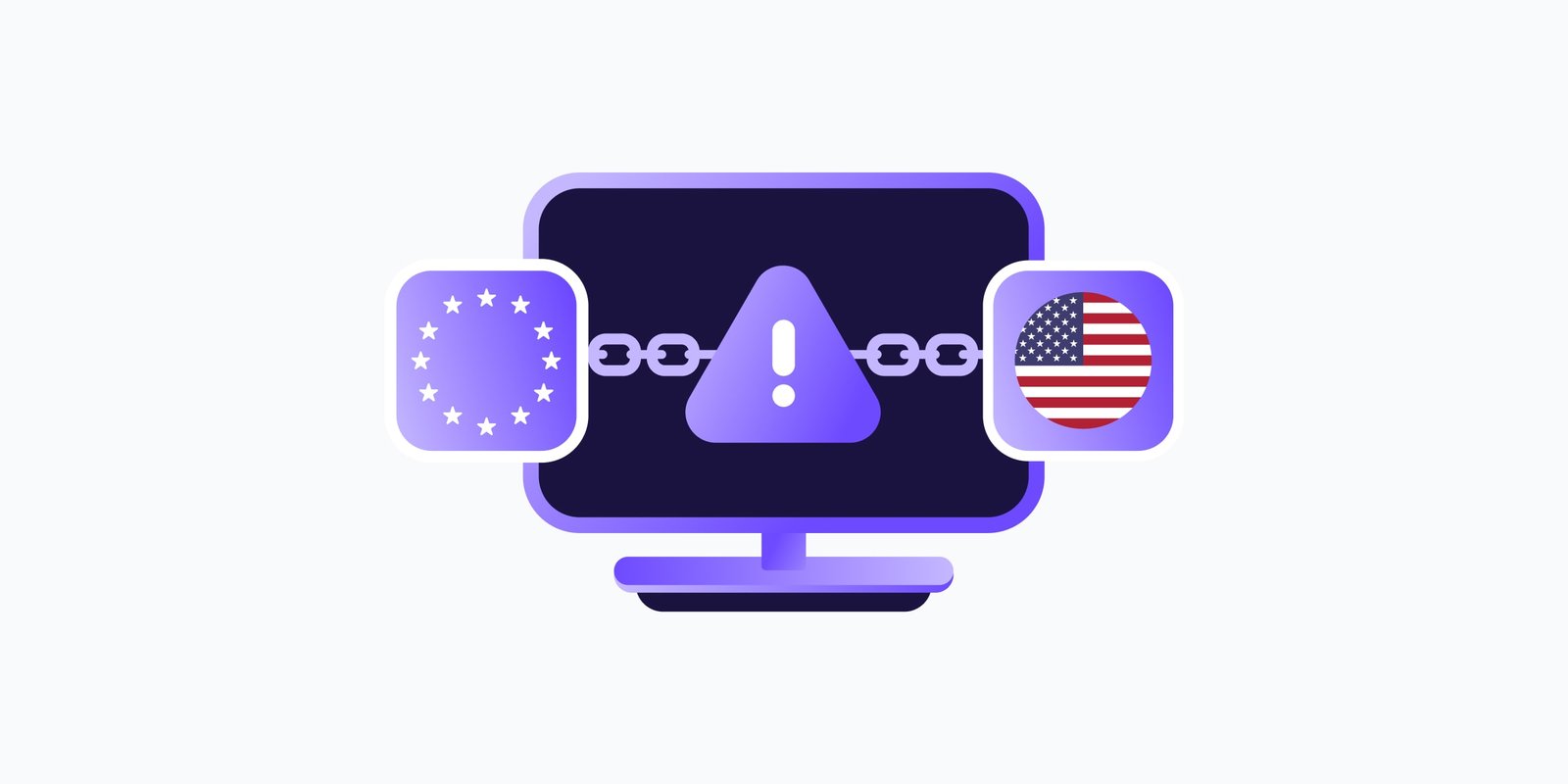 左側のEU旗アイコンと右側の米国旗アイコンに切れたチェーンのリンクで接続された、警告の三角形を表示するコンピューターのモニターのイラスト。欧州の企業と米国のテックプロバイダーとの間の断絶された接続を象徴しています。