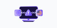 左側のEU旗アイコンと右側の米国旗アイコンに切れたチェーンのリンクで接続された、警告の三角形を表示するコンピューターのモニターのイラスト。欧州の企業と米国のテックプロバイダーとの間の断絶された接続を象徴しています。