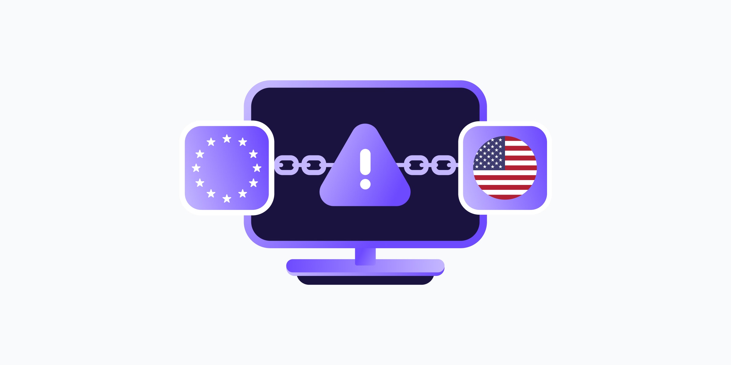 左側のEU旗アイコンと右側の米国旗アイコンに切れたチェーンのリンクで接続された、警告の三角形を表示するコンピューターのモニターのイラスト。欧州の企業と米国のテックプロバイダーとの間の断絶された接続を象徴しています。