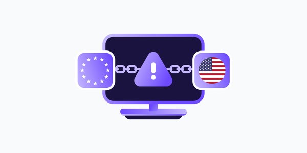 Illustration of a computer monitor displaying a warning triangle, connected by broken chain links to an EU flag icon on the left and a US flag icon on the right, symbolizing a fractured connection between European businesses and US tech providers.