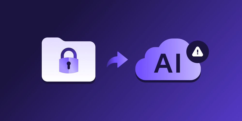A folder with a lock pointing to a cloud with an AI label and a warning sign, representing shadow AI risks