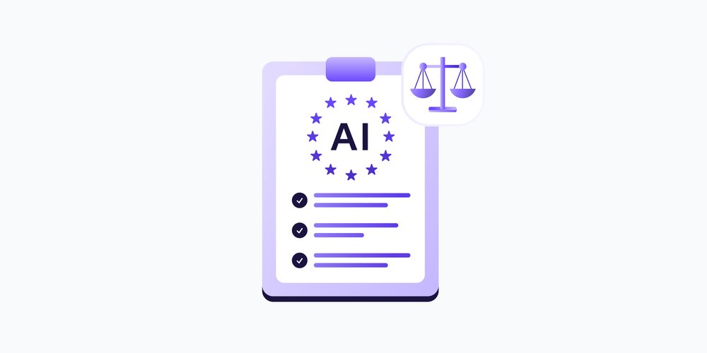 A clipbboard with a checklist, an AI label inside the European Union flag, and the scale symbol, all representing the EU AI Act