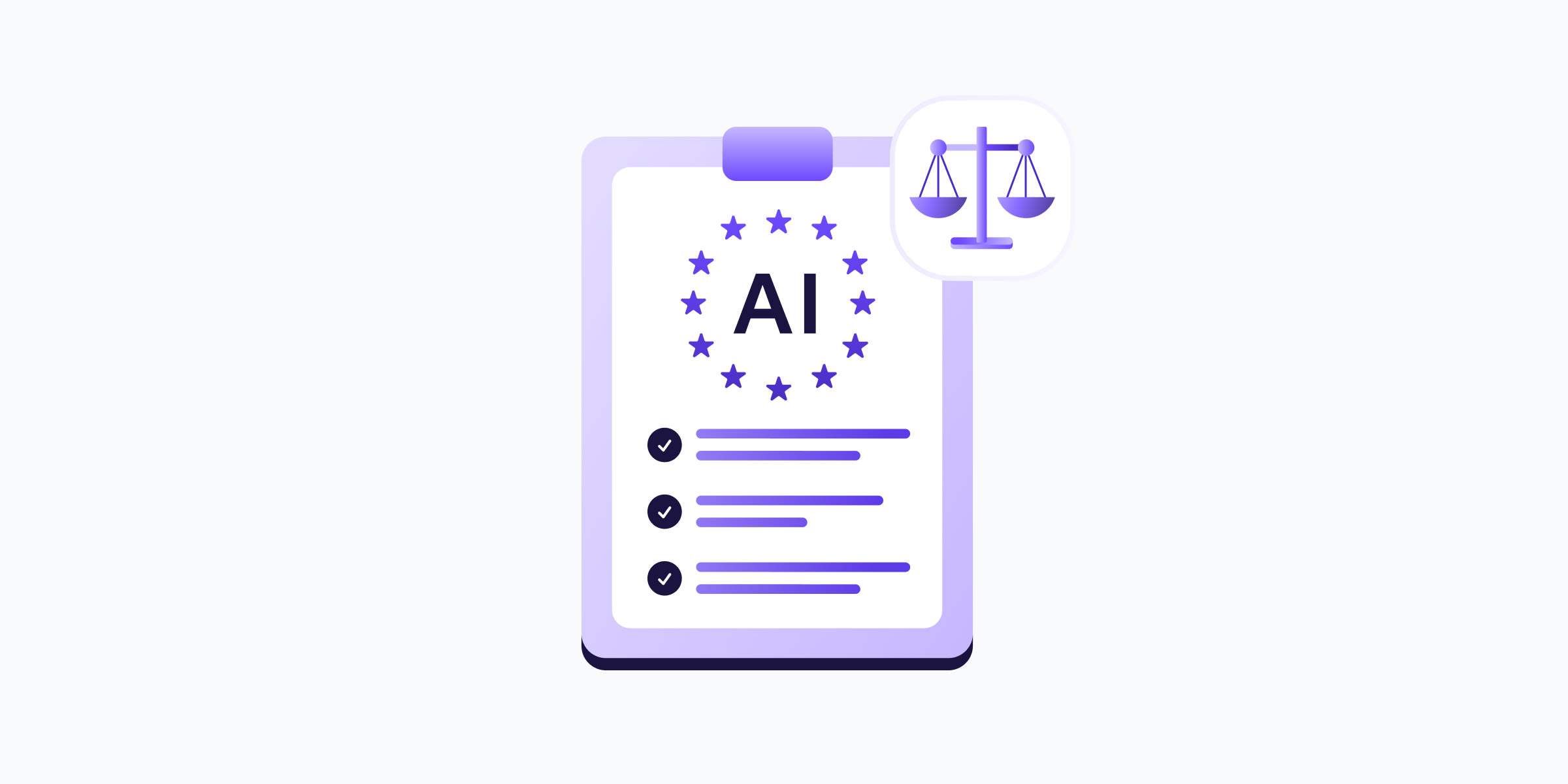 A clipbboard with a checklist, an AI label inside the European Union flag, and the scale symbol, all representing the EU AI Act