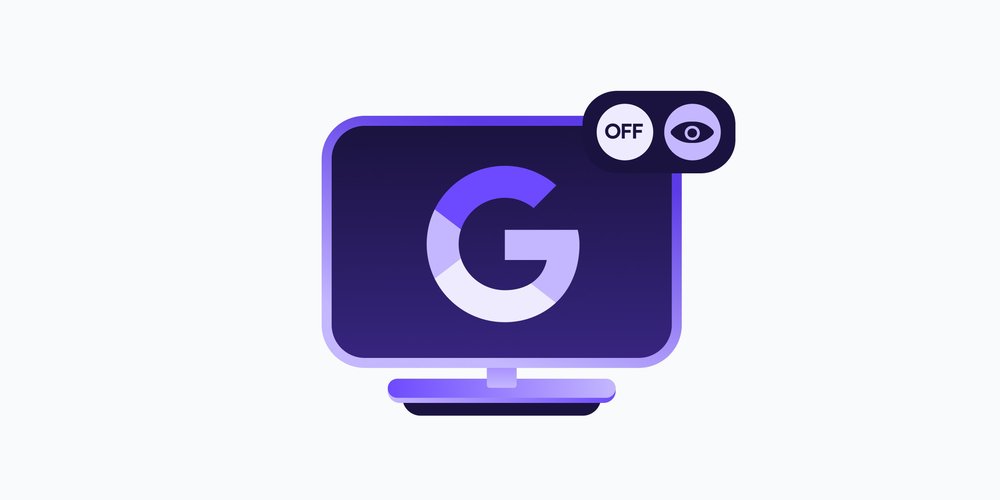A computer screen showing the Google logo, an off switch, and an eye, suggesting Google privacy settings you can turn off to stop tracking and surveillance