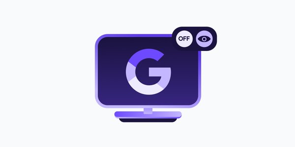 A computer screen showing the Google logo, an off switch, and an eye, suggesting Google privacy settings you can turn off to stop tracking and surveillance