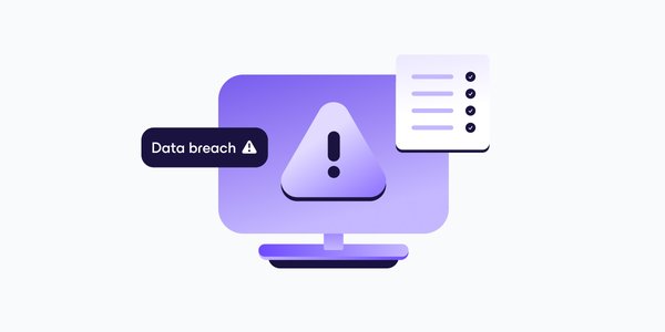 a purple animated desktop monitor with a purple triangle containing an exclamation mark on the screen. a white document containing text lines and tick boxes sits on the upper right corner, and a black bar containing the text 'data breach' and a warning icon sits on the left middle side