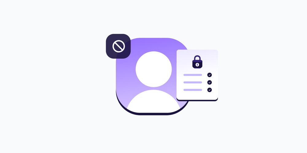 a purple rounded square containing a white person icon. a black rounded square containing a white 'no entry' symbol sits on the top left corner, and a white page containing a black padlock, lines of text and checkboxes sits on the right side
