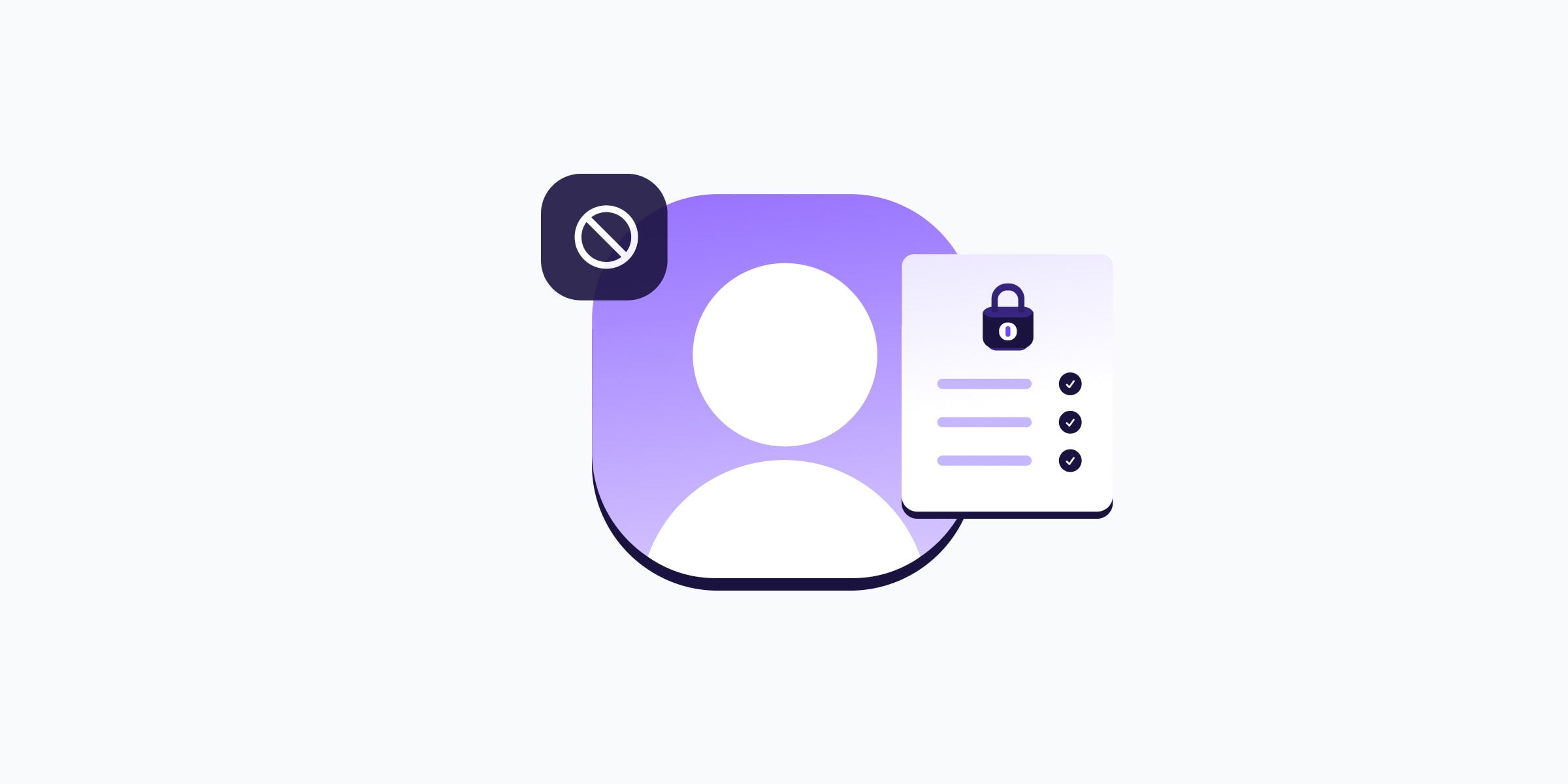 a purple rounded square containing a white person icon. a black rounded square containing a white 'no entry' symbol sits on the top left corner, and a white page containing a black padlock, lines of text and checkboxes sits on the right side