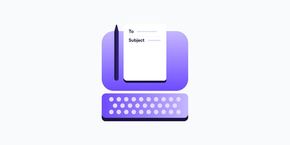 A desktop computer, an email, and a pencil, representing a resignation email