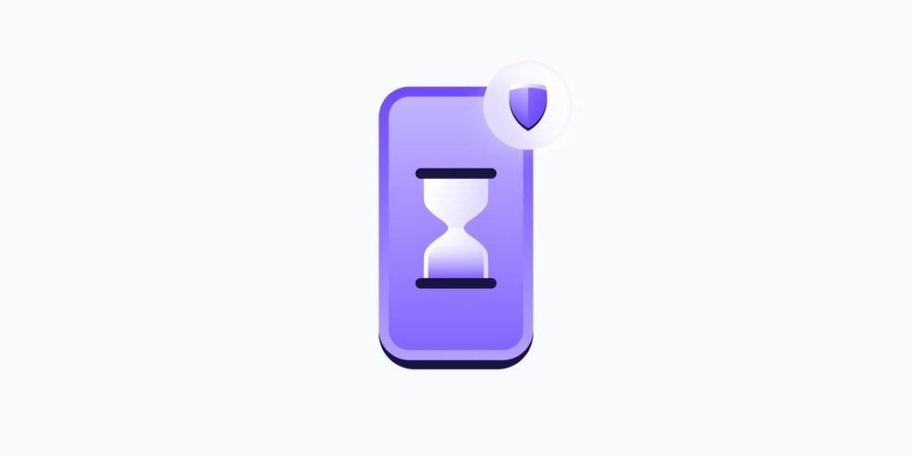 A phone, an hourglass, and a shield, representing digital minimalism and screen time