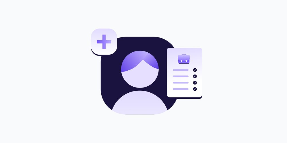 a purple square on a white background containing an animated light purple person icon. a white square with a purple plus mark sits in the top left corner and a white document containing a purple house, lines of text, and bullet points sits on the middle right