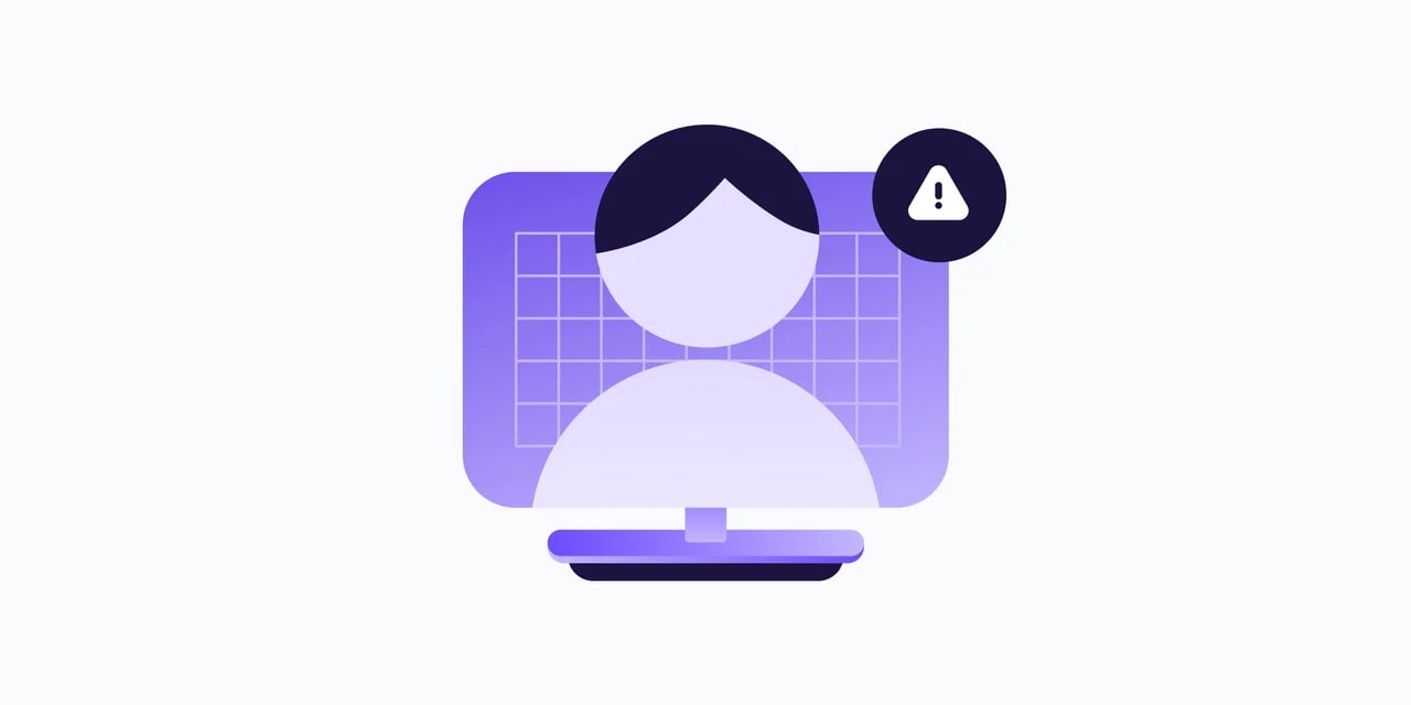 a purple animated computer monitor with a white grid in the background - a purple person icon with black side parted hair is in the center of the screen and a black circle containing a white warning symbol sits in the top right corner