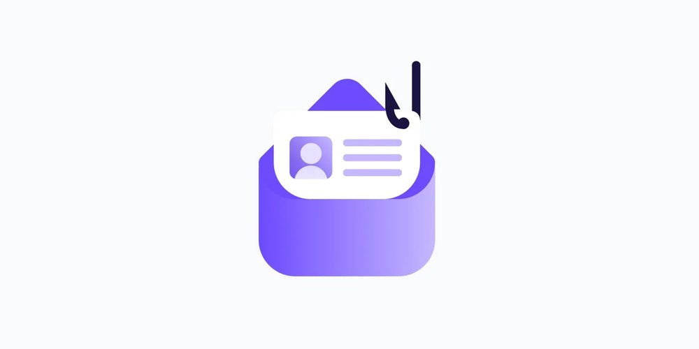 a purple animated envelope on a white background with a white ID card coming out of it. the ID has purple text and a purple person icon on it, and a black fish hook piercing the top right corner