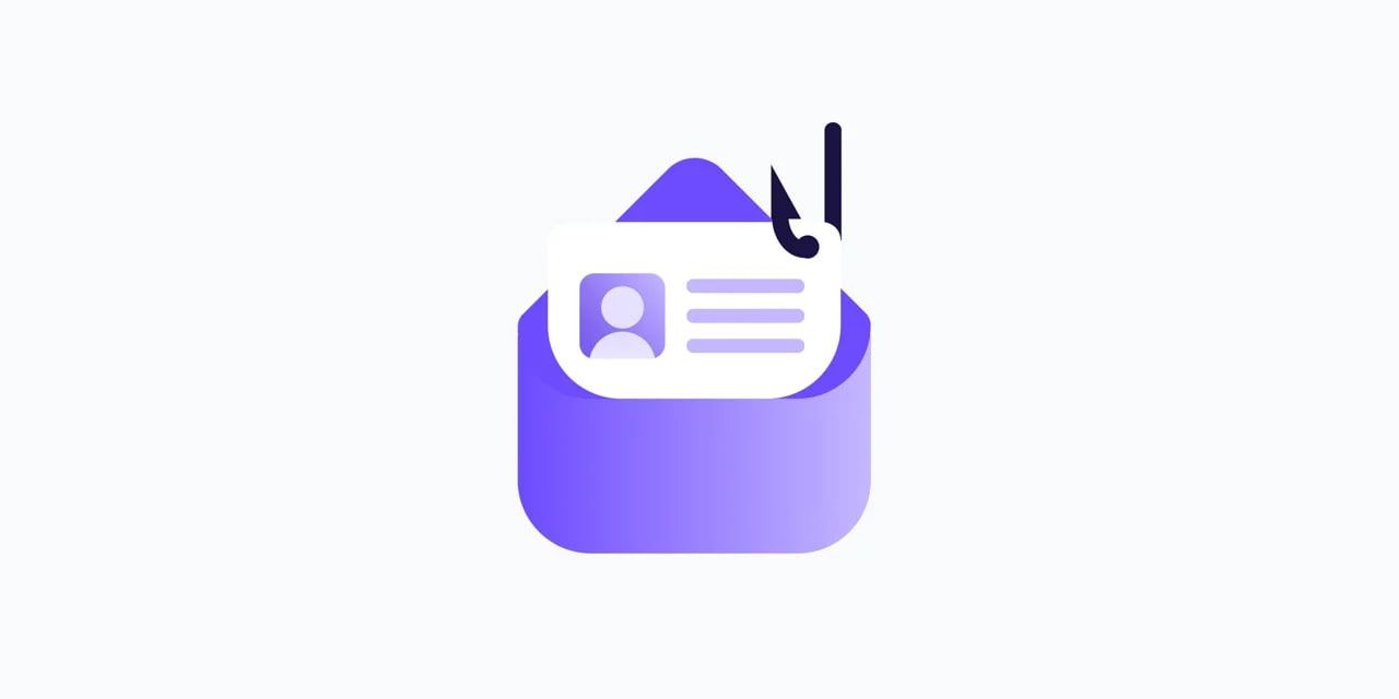 a purple animated envelope on a white background with a white ID card coming out of it. the ID has purple text and a purple person icon on it, and a black fish hook piercing the top right corner
