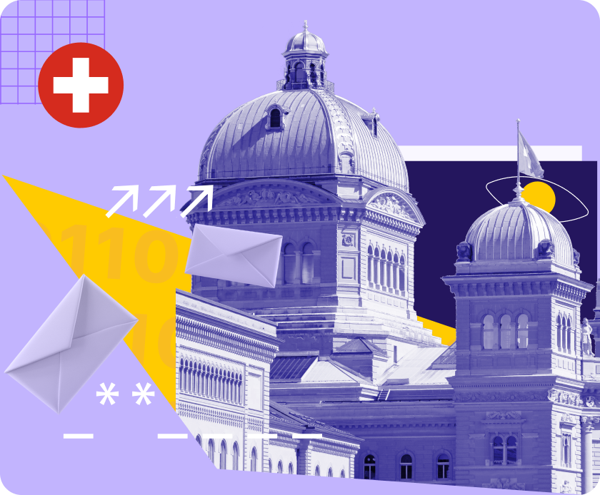 The Bundeshaus and email logos, under a surveillance eye