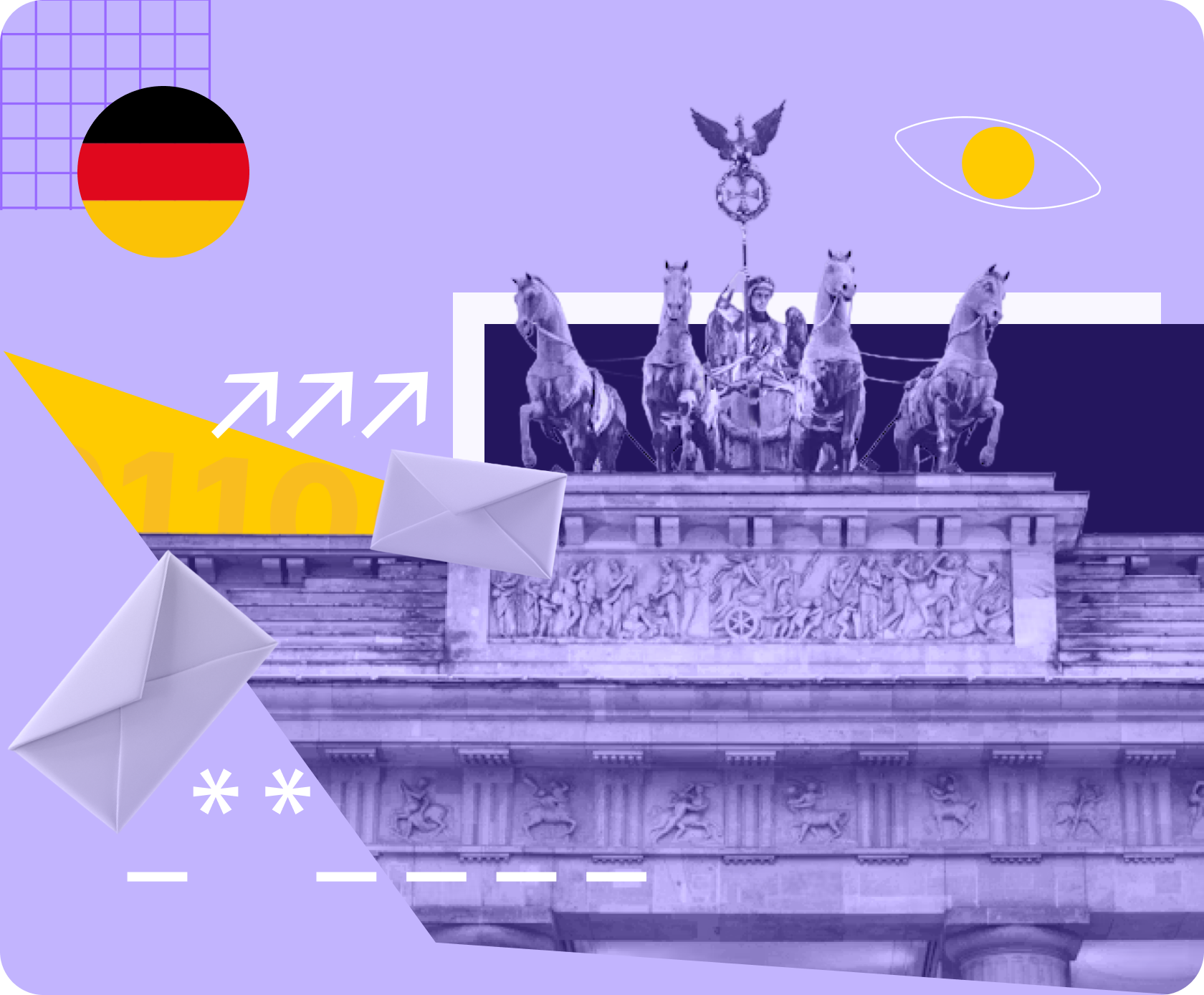 The Brandenburg Gate and email logos under a surveillance eye.