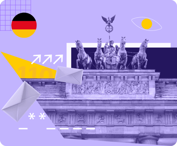 The Brandenburg Gate and email logos under a surveillance eye.