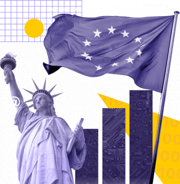The European Union flag behind the Statue of Liberty with a rising bar graph.