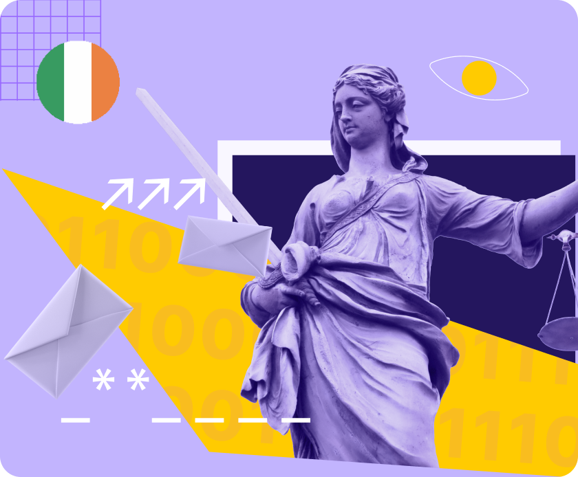 Email under a surveillance eye with the Justice statue at Dublin Castle in the background