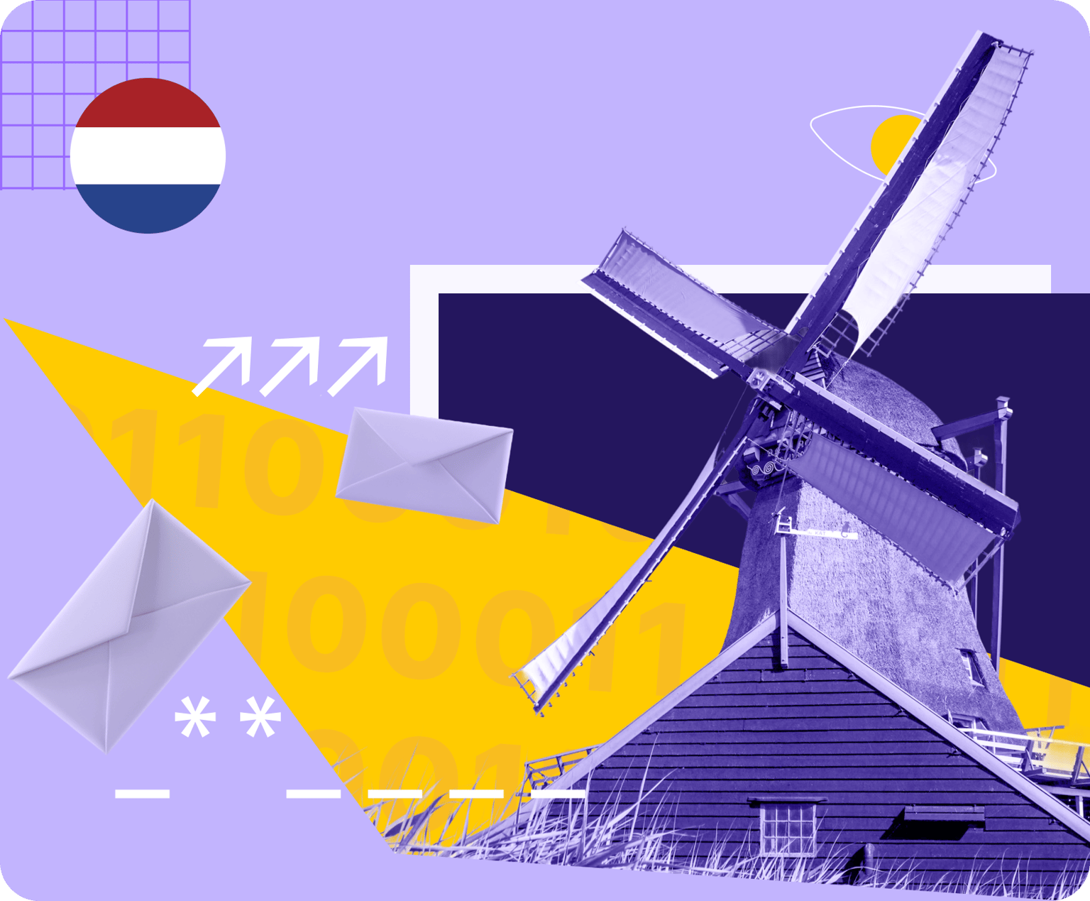 A Dutch windmill and email logos under a surveillance eye.