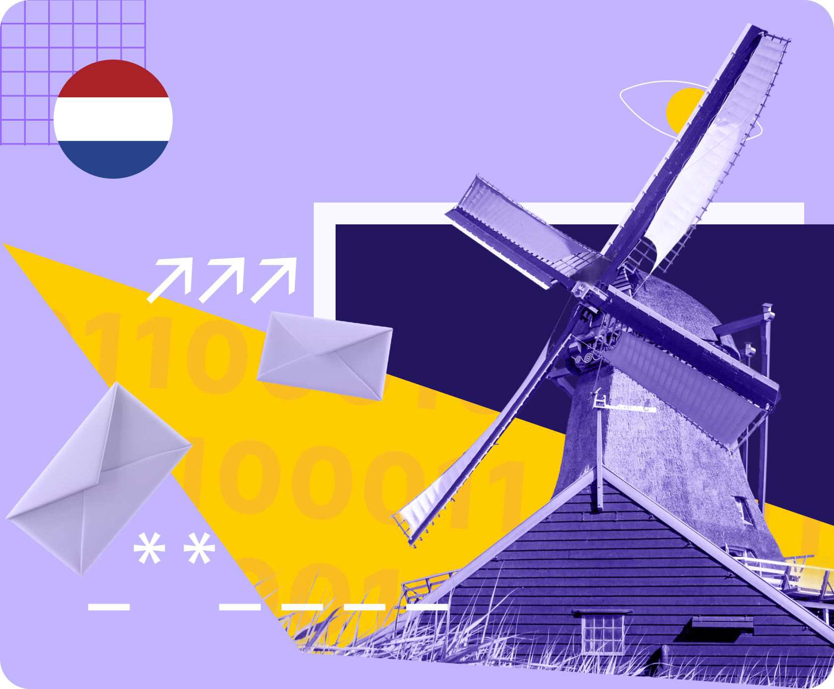 A Dutch windmill and email logos under a surveillance eye.
