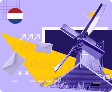 A Dutch windmill and email logos under a surveillance eye.