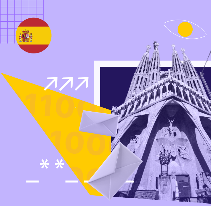 Email under a surveillance eye with the Sagrada Familia in the background